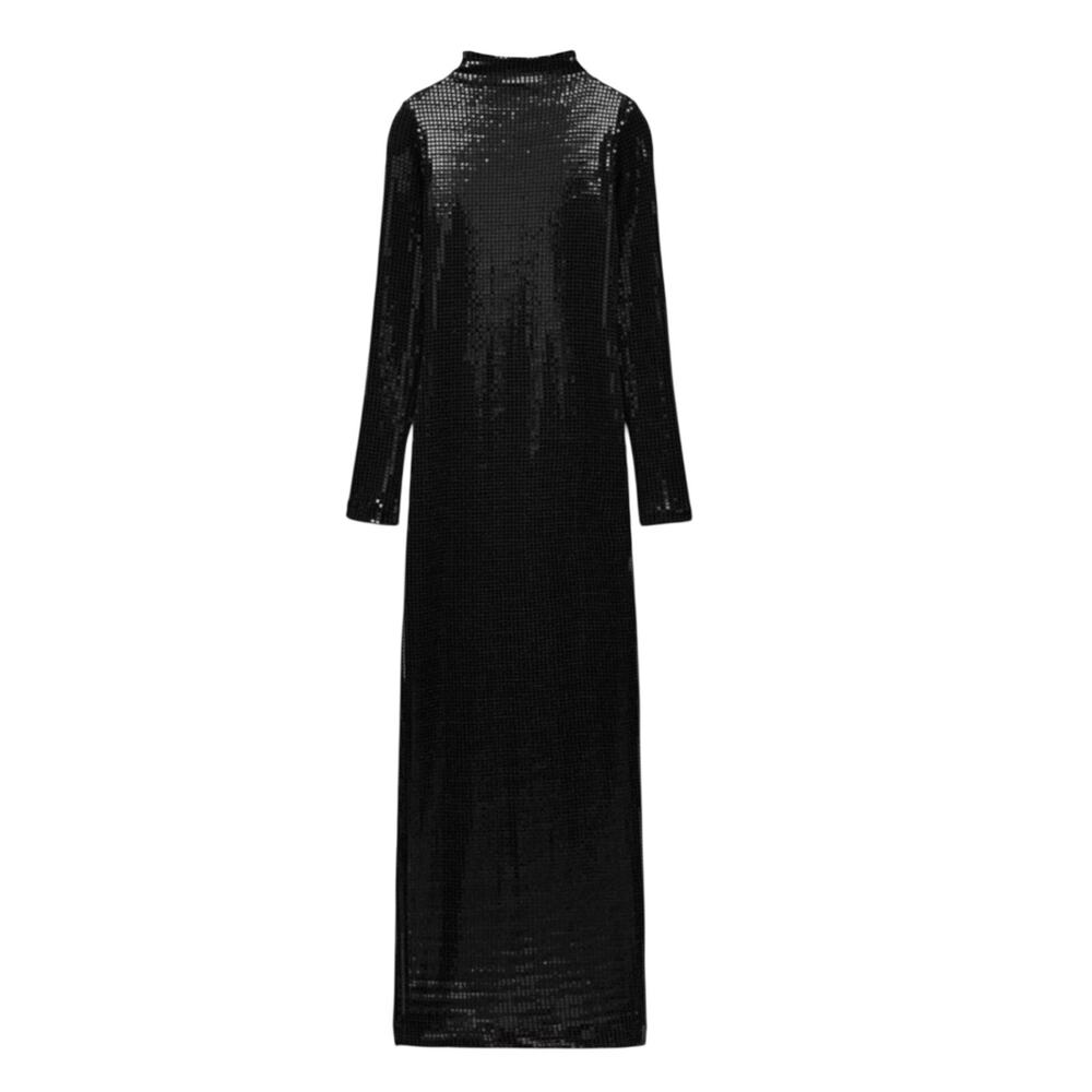 ZARA Sequin Long Sleeve Back Slip Womens Black Zip Dress | M
